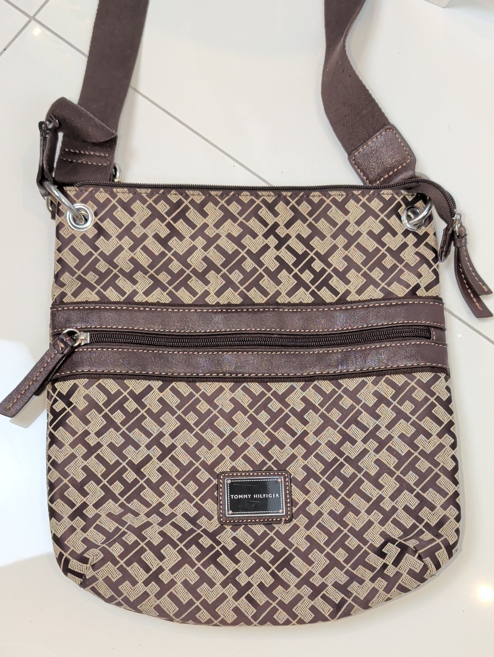 Tommy Hilfiger Brown Monogram Jacquard Crossbody Bag Purse